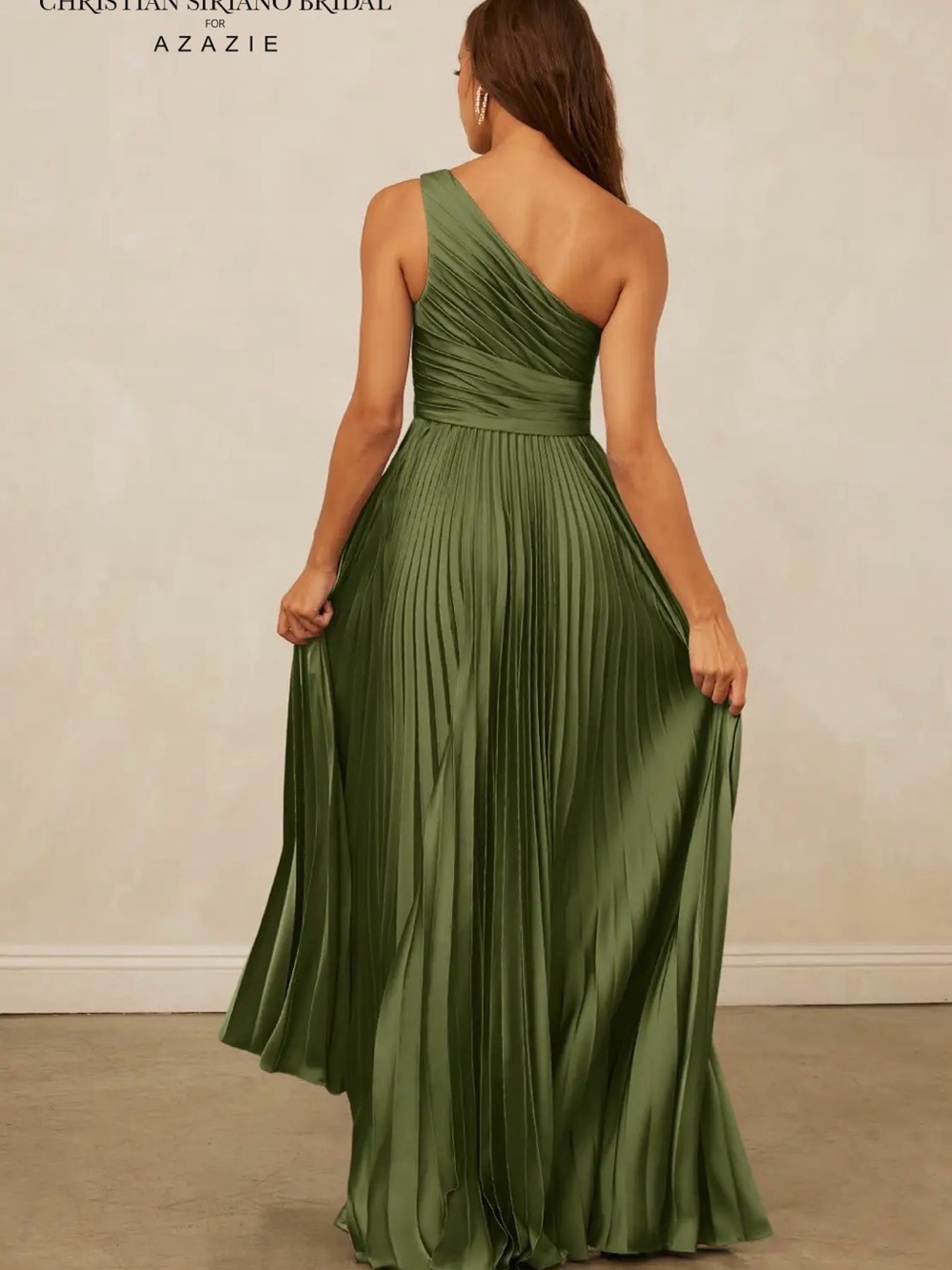 Christian Siriano Olive Green One-Shoulder Pleated Maxi Gown - Picture 3 of 7